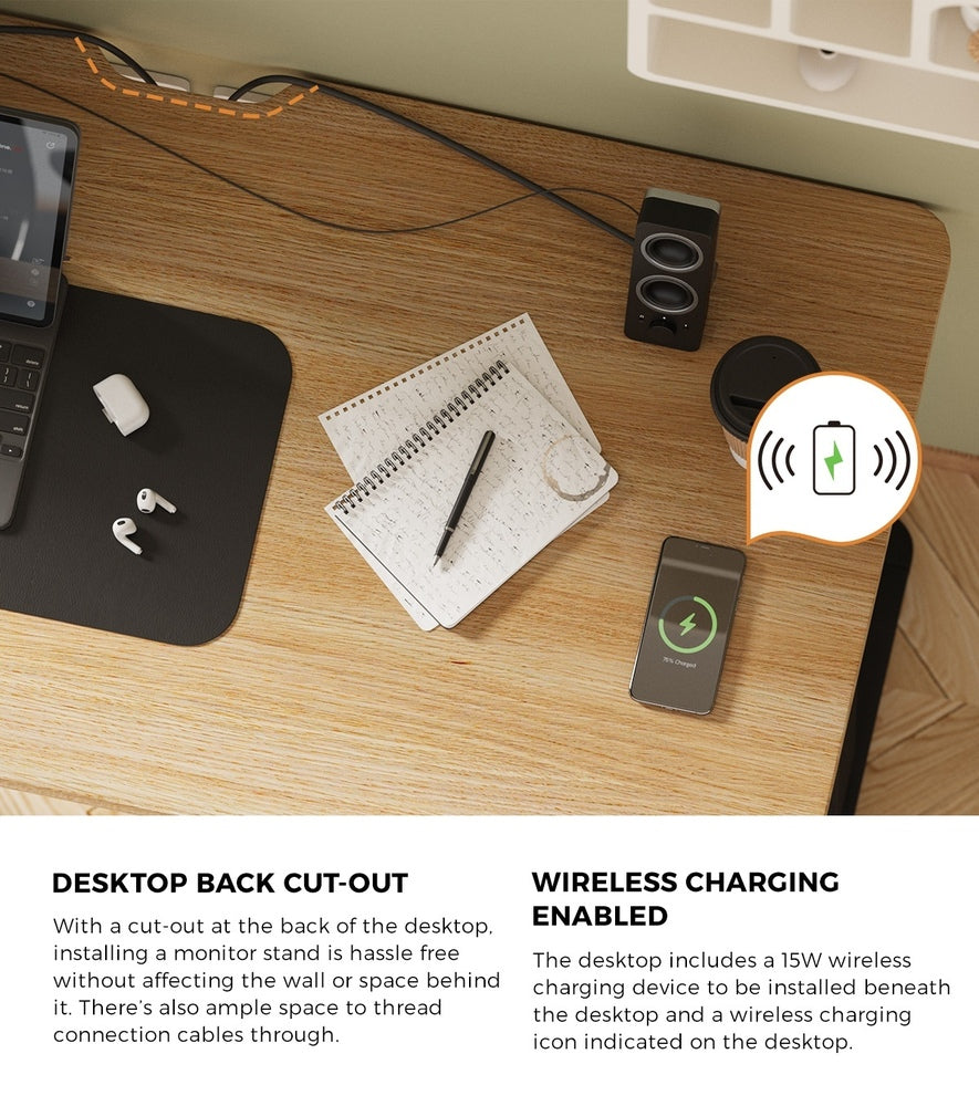 Oikiture Standing Desk Wireless Charging Single Motor 140CM Black&Oak