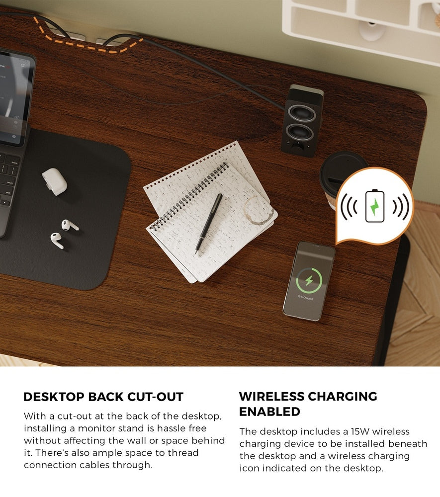 Oikiture Standing Desk Wireless Charging Single Motor 140CM Black&Walnut