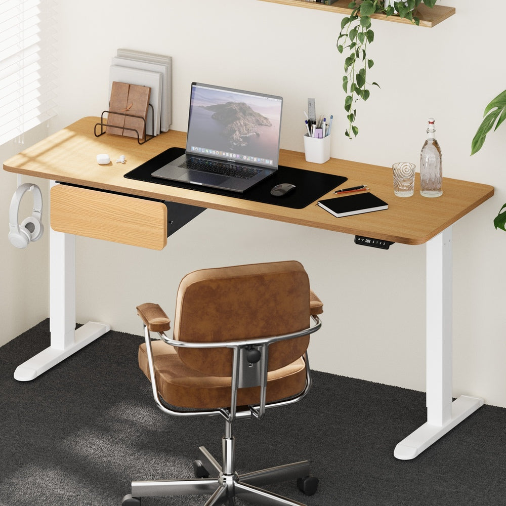 Oikiture 160cm Electric Standing Desk w/ Drawer Adjustable Oak White