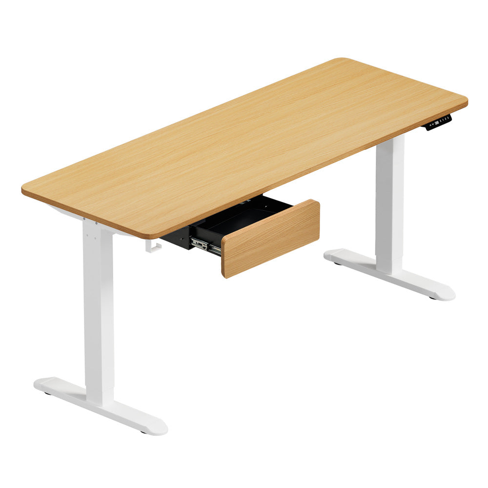 Oikiture 160cm Electric Standing Desk w/ Drawer Adjustable Oak White