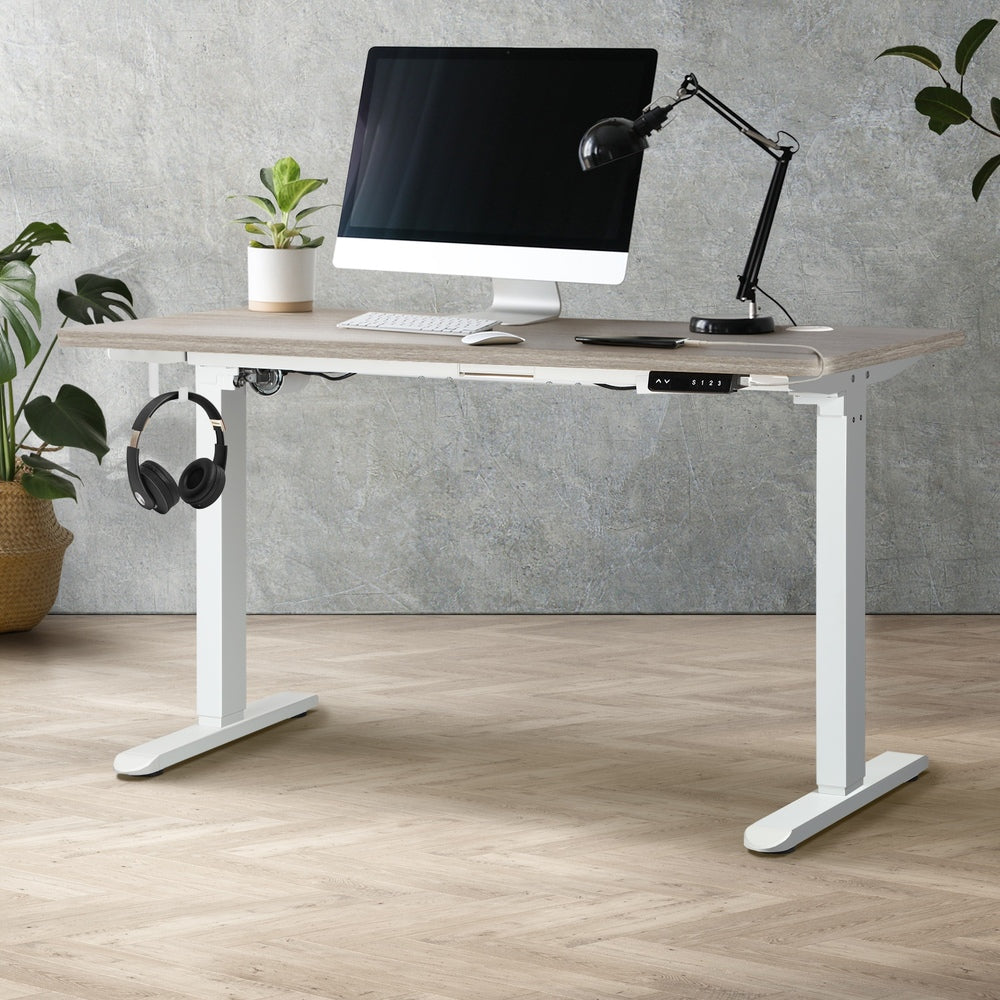 Oikiture 140cm Electric Standing Desk Single Motor White&Grey-Oak