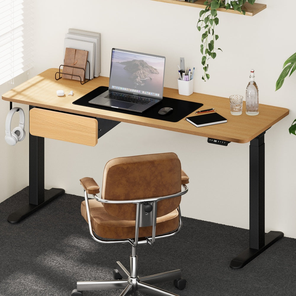 Oikiture 160cm Electric Standing Desk with Drawer Adjustable Oak Black