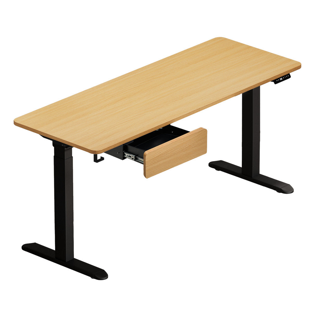 Oikiture 160cm Electric Standing Desk with Drawer Adjustable Oak Black
