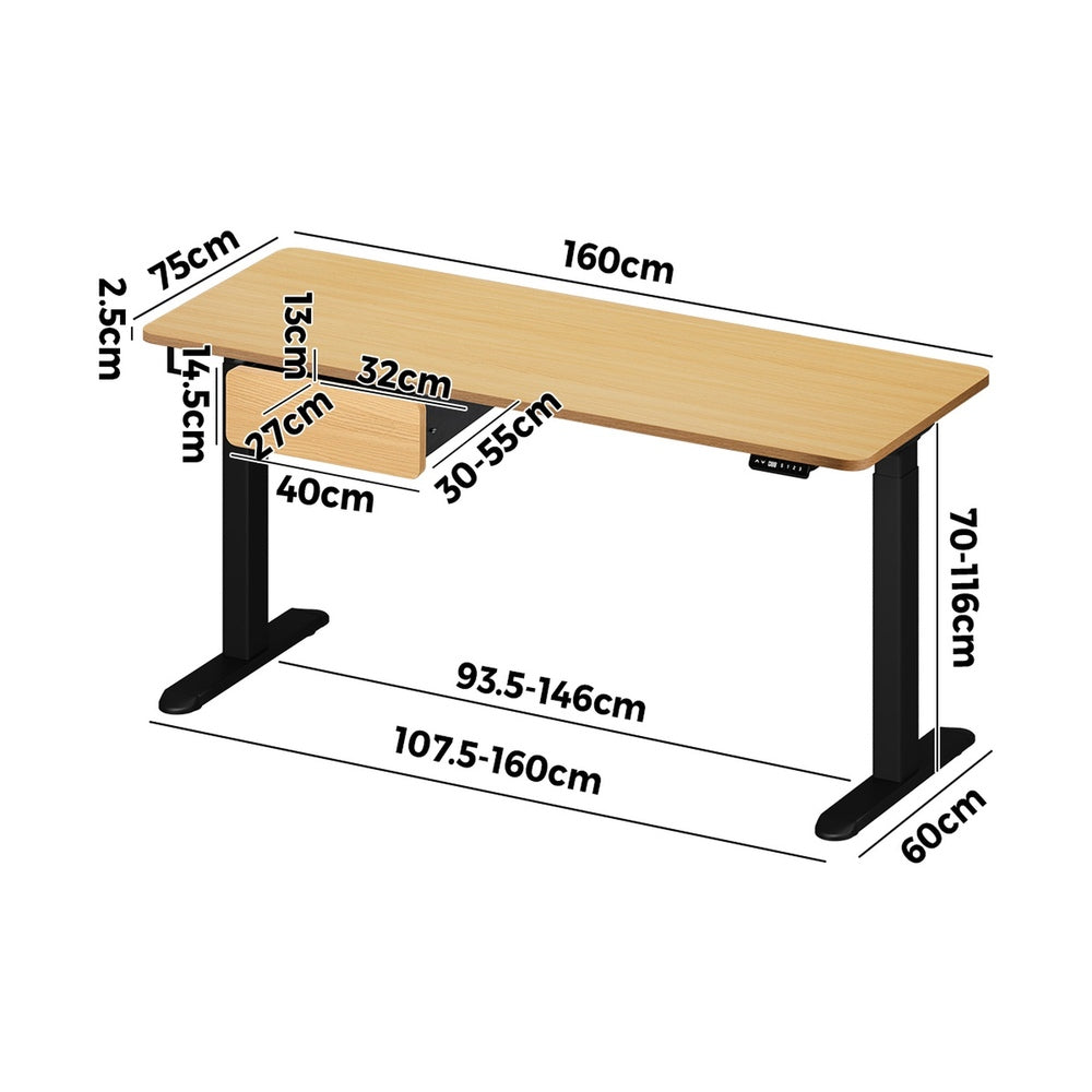 Oikiture 160cm Electric Standing Desk with Drawer Adjustable Oak Black
