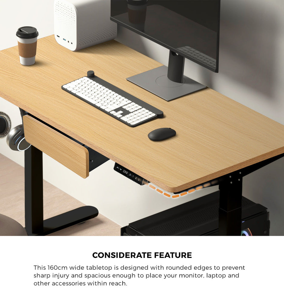 Oikiture 160cm Electric Standing Desk with Drawer Adjustable Oak Black