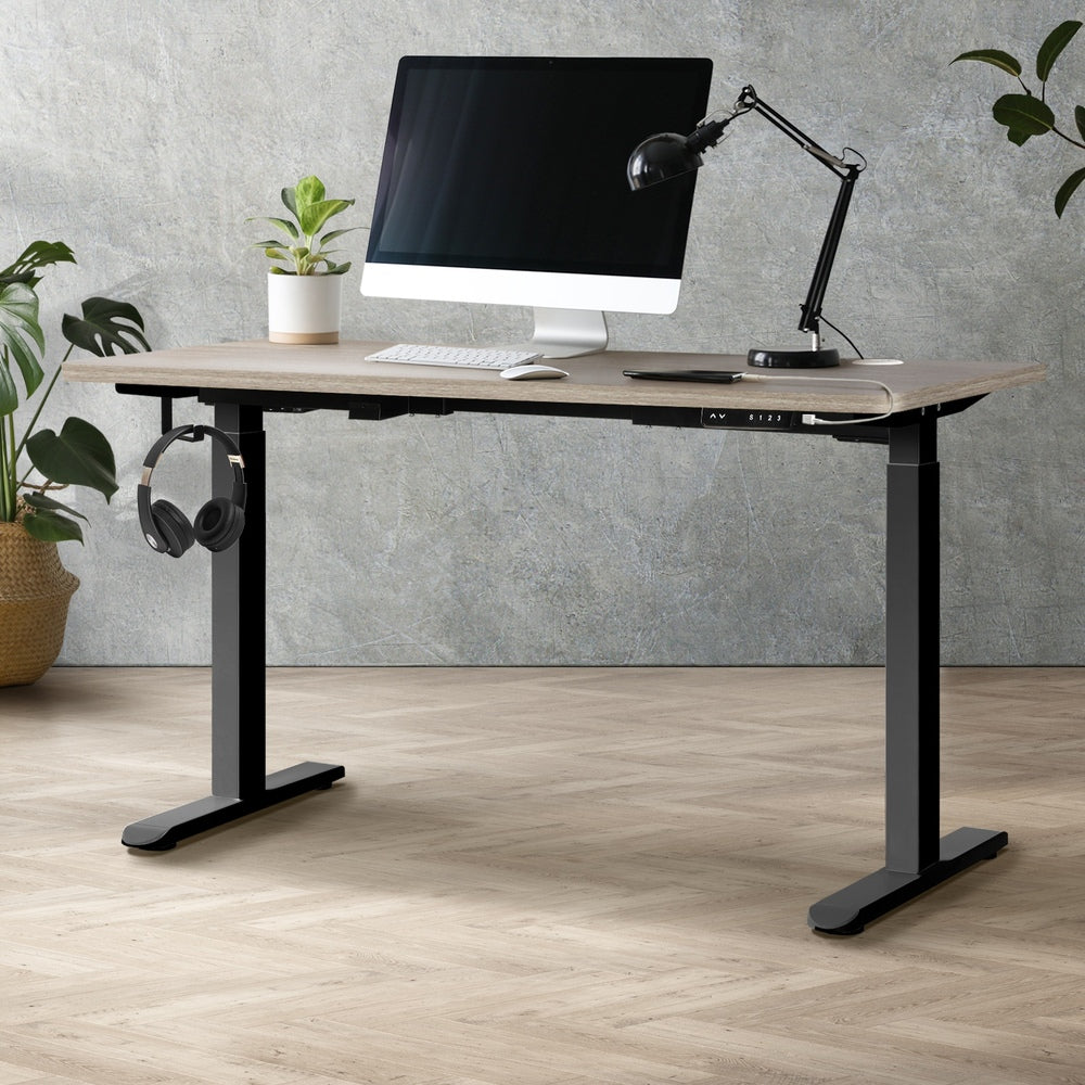 Oikiture 140cm Electric Standing Desk Dual Motor Black&Grey-Oak