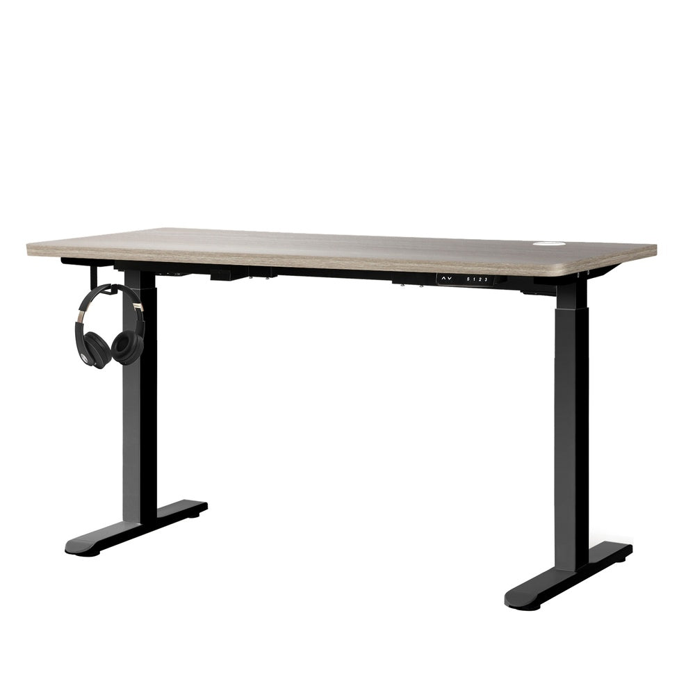 Oikiture 140cm Electric Standing Desk Dual Motor Black&Grey-Oak