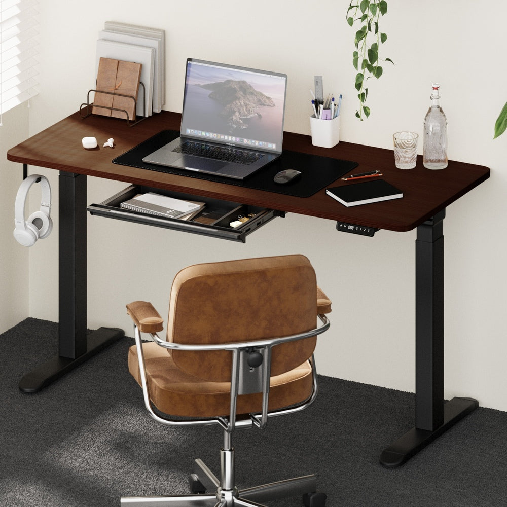 Oikiture 140cm Electric Standing Desk with Drawer Adjustable Black Walnut