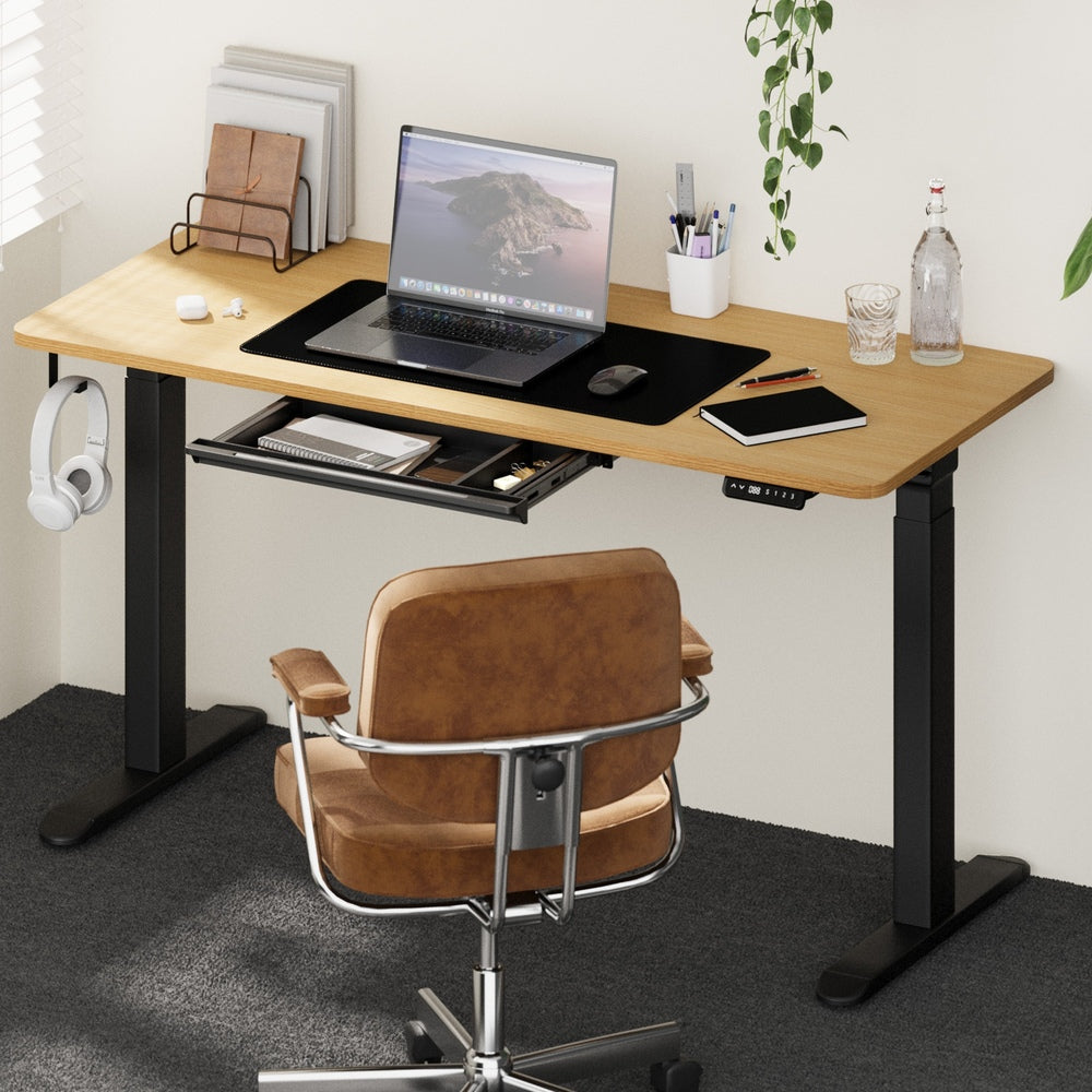 Oikiture 150cm Electric Standing Desk with Drawer Adjustable Black Oak
