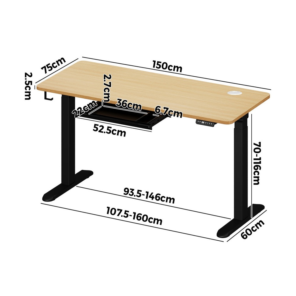 Oikiture 150cm Electric Standing Desk with Drawer Adjustable Black Oak