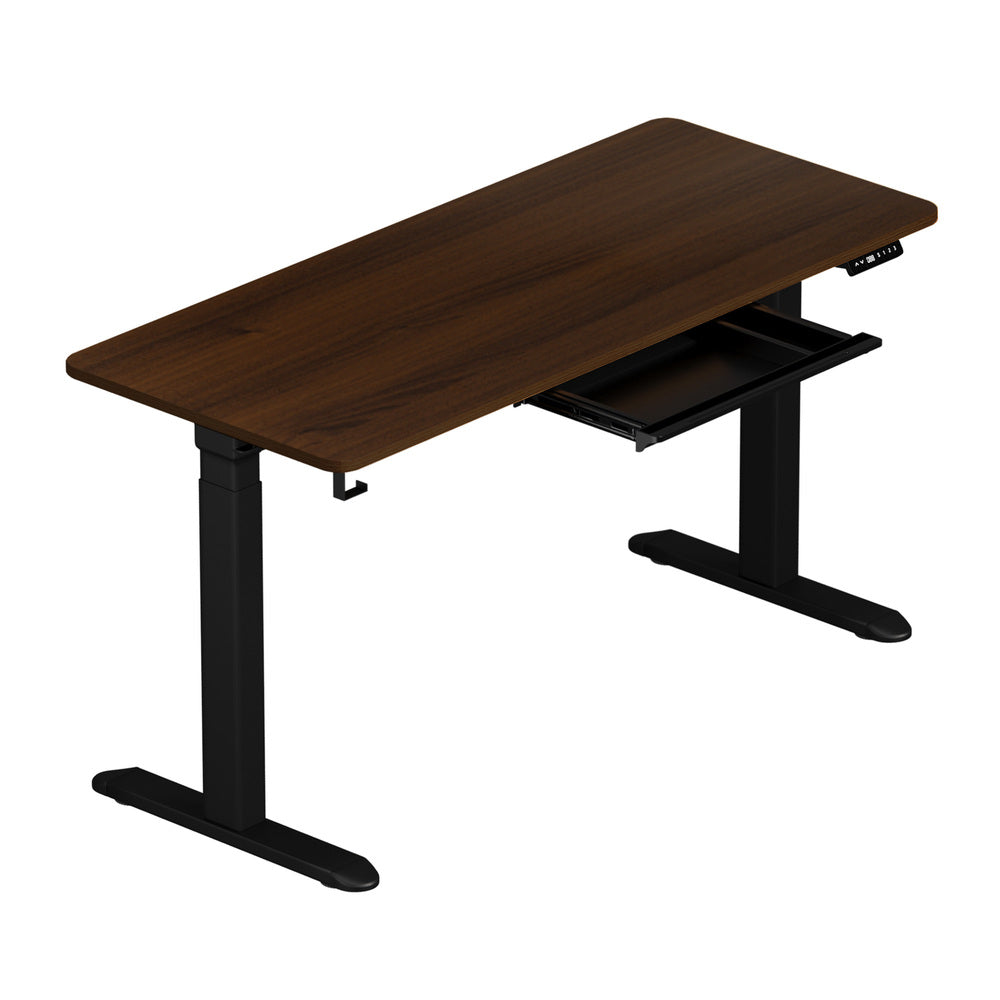 Oikiture 160cm Electric Standing Desk with Drawer Adjustable Black Walnut