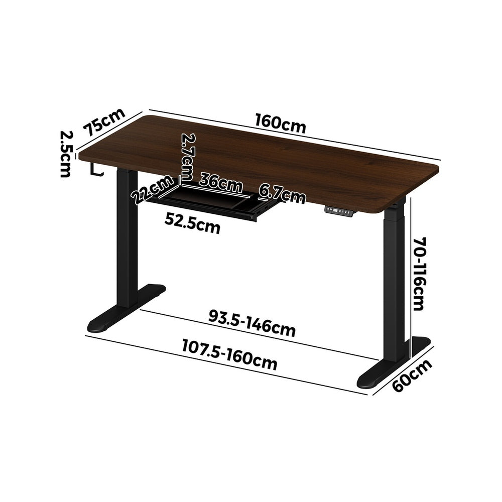 Oikiture 160cm Electric Standing Desk with Drawer Adjustable Black Walnut