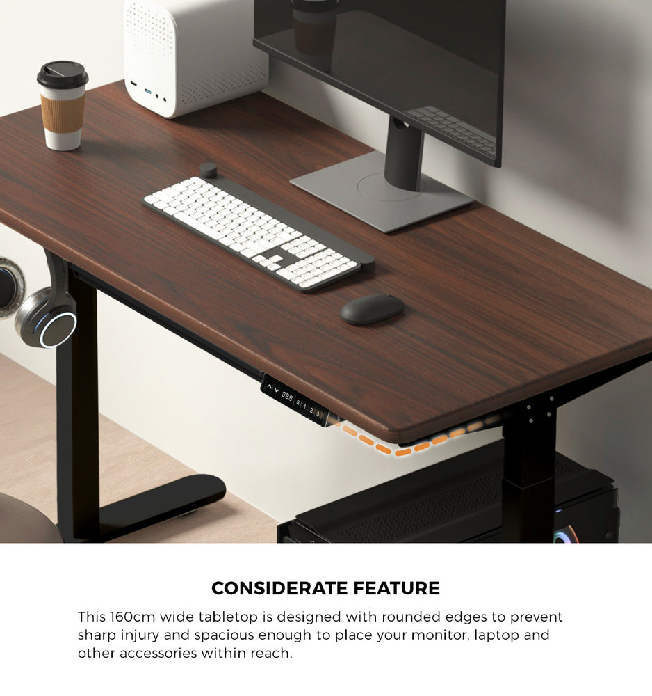 Oikiture 160cm Electric Standing Desk with Drawer Adjustable Black Walnut