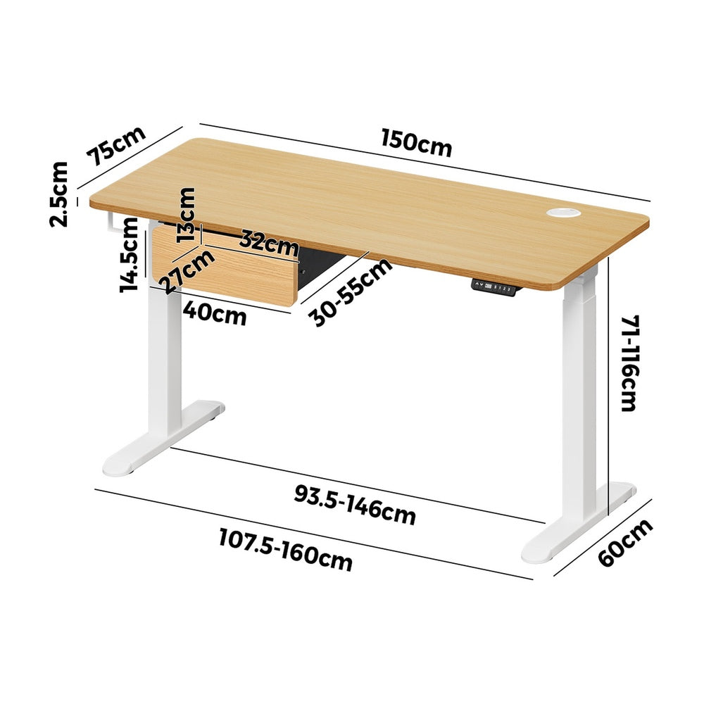 Oikiture 150cm Electric Standing Desk with Drawer Adjustable Oak White