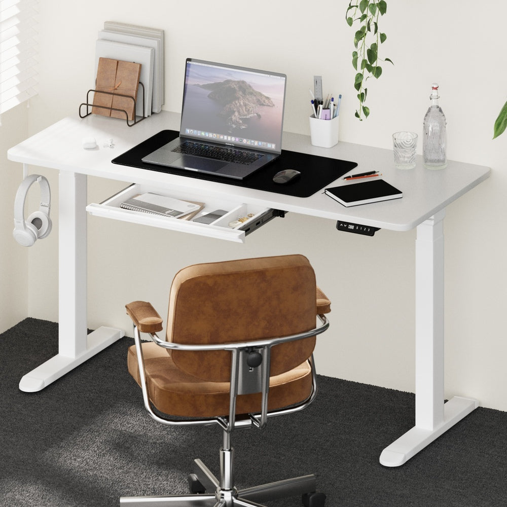 Oikiture 140cm Electric Standing Desk with Drawer Adjustable White