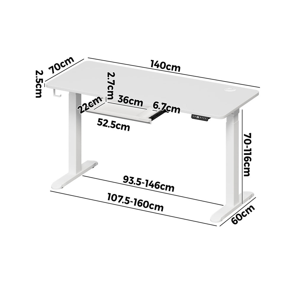 Oikiture 140cm Electric Standing Desk with Drawer Adjustable White