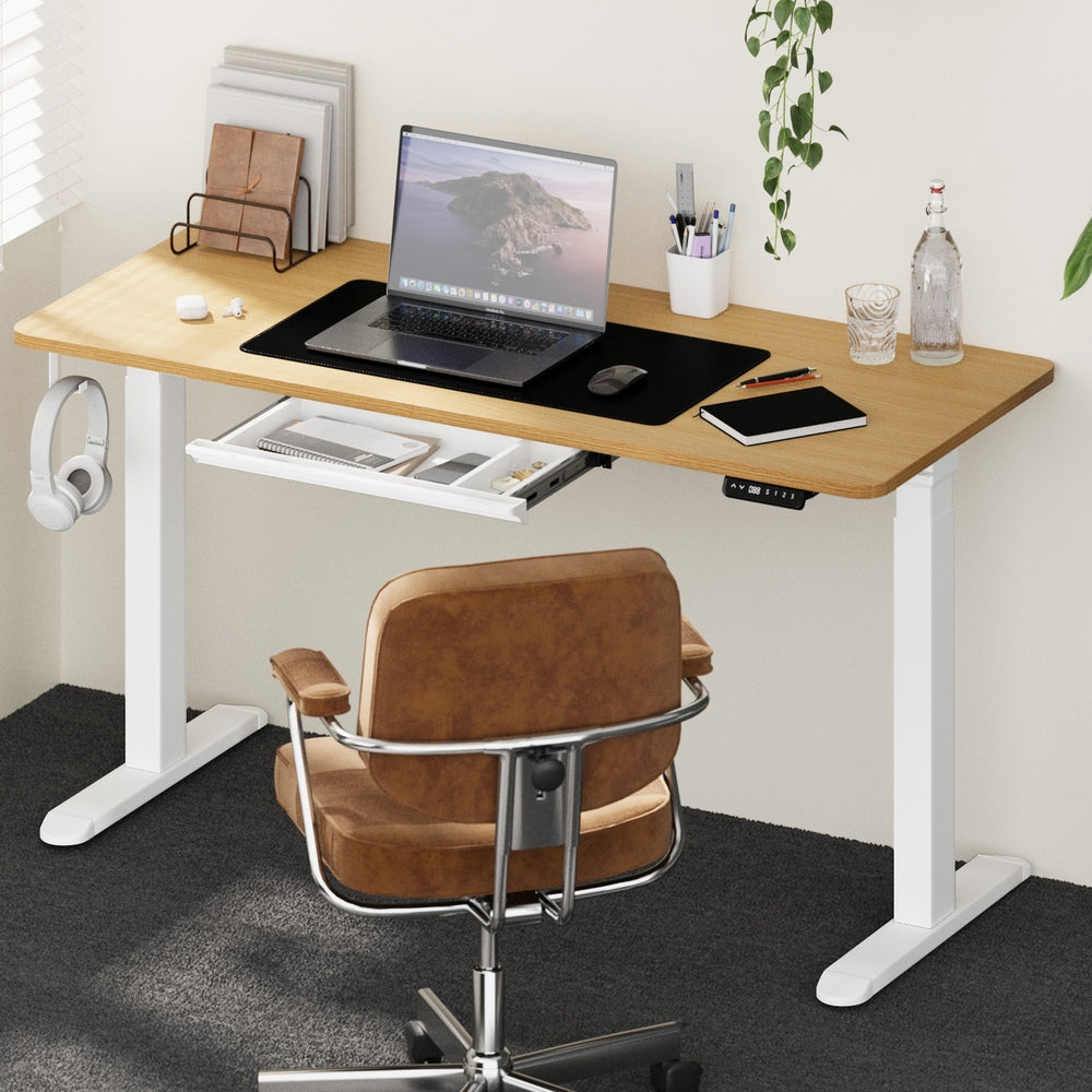 Oikiture 150cm Electric Standing Desk with Drawer Adjustable White & Oak