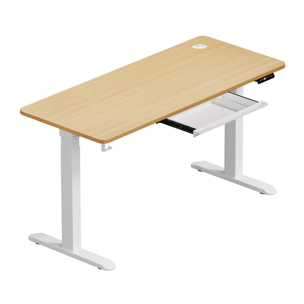 Oikiture 150cm Electric Standing Desk with Drawer Adjustable White & Oak