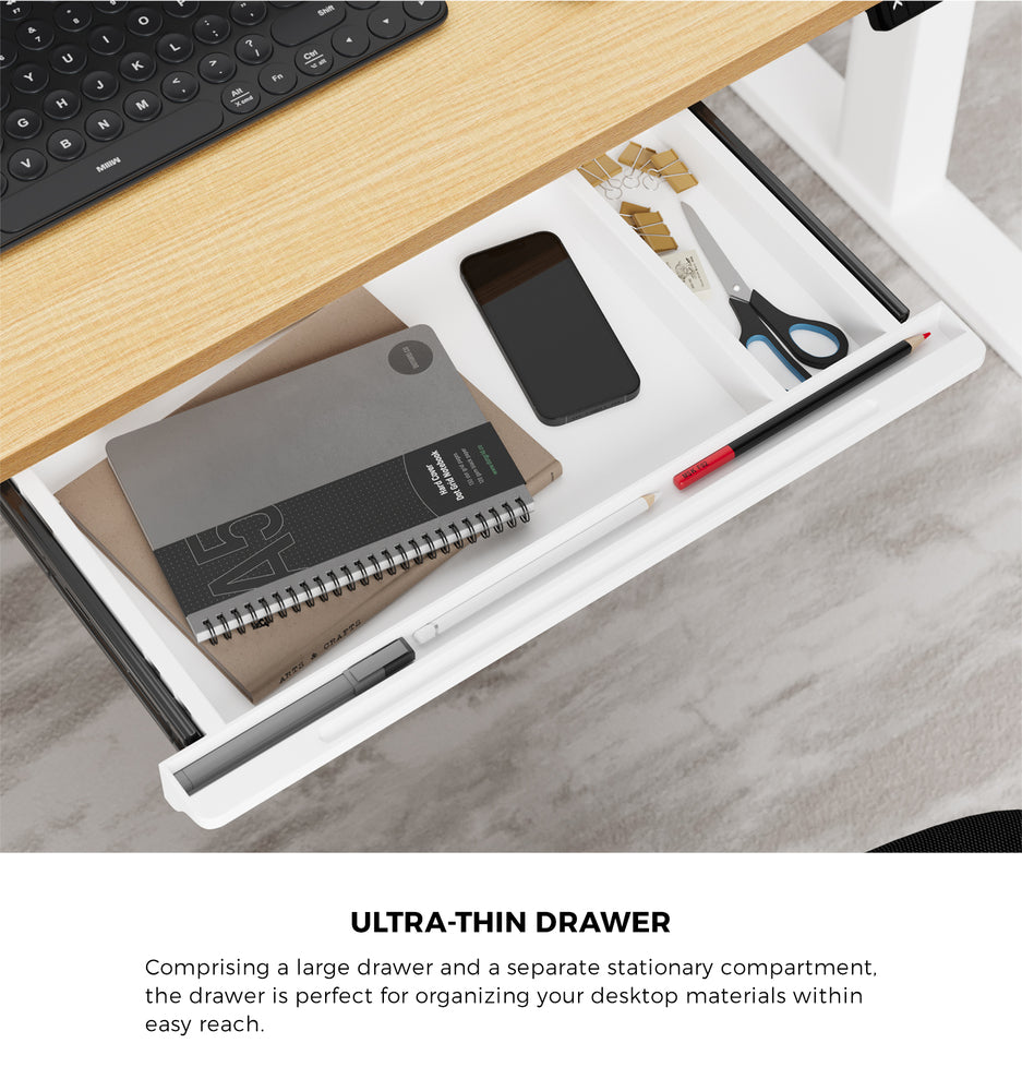 Oikiture 160cm Electric Standing Desk with Drawer Adjustable White Oak