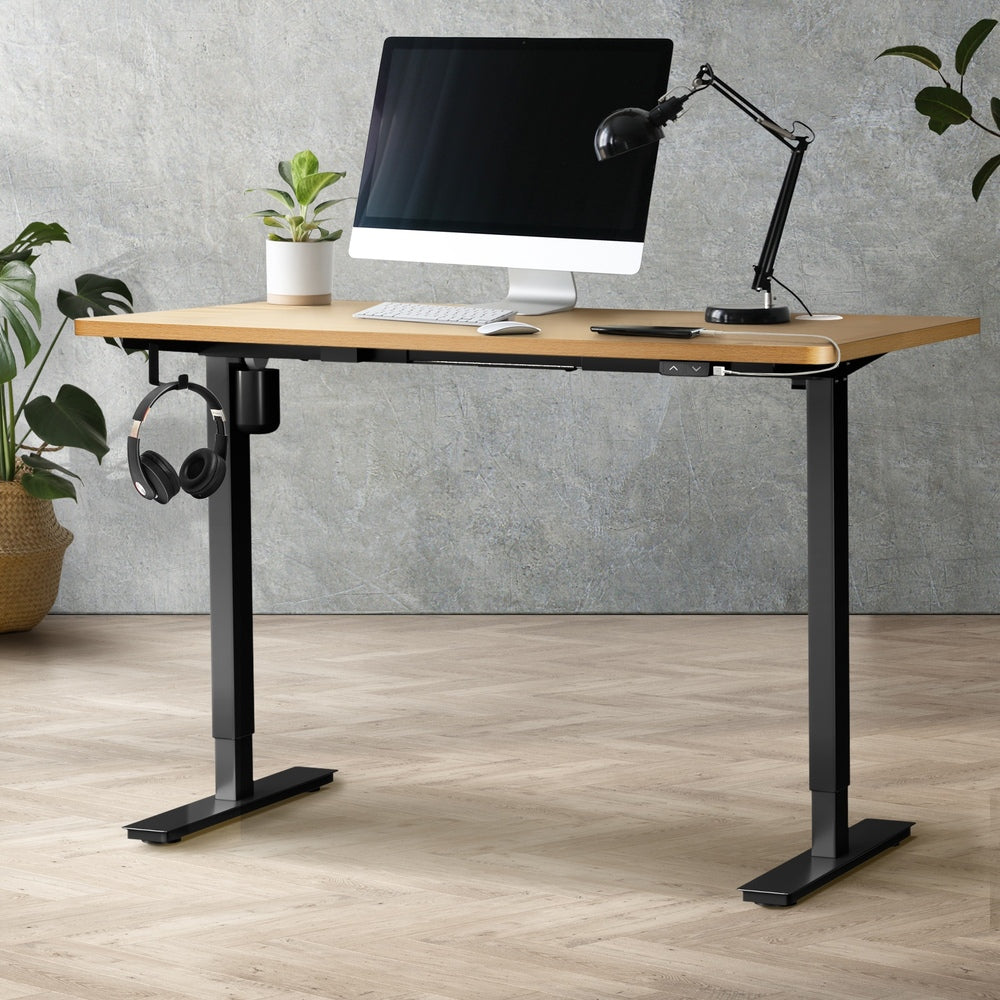 Oikiture Electric Standing Desk Single Motor Black&Oak 140CM