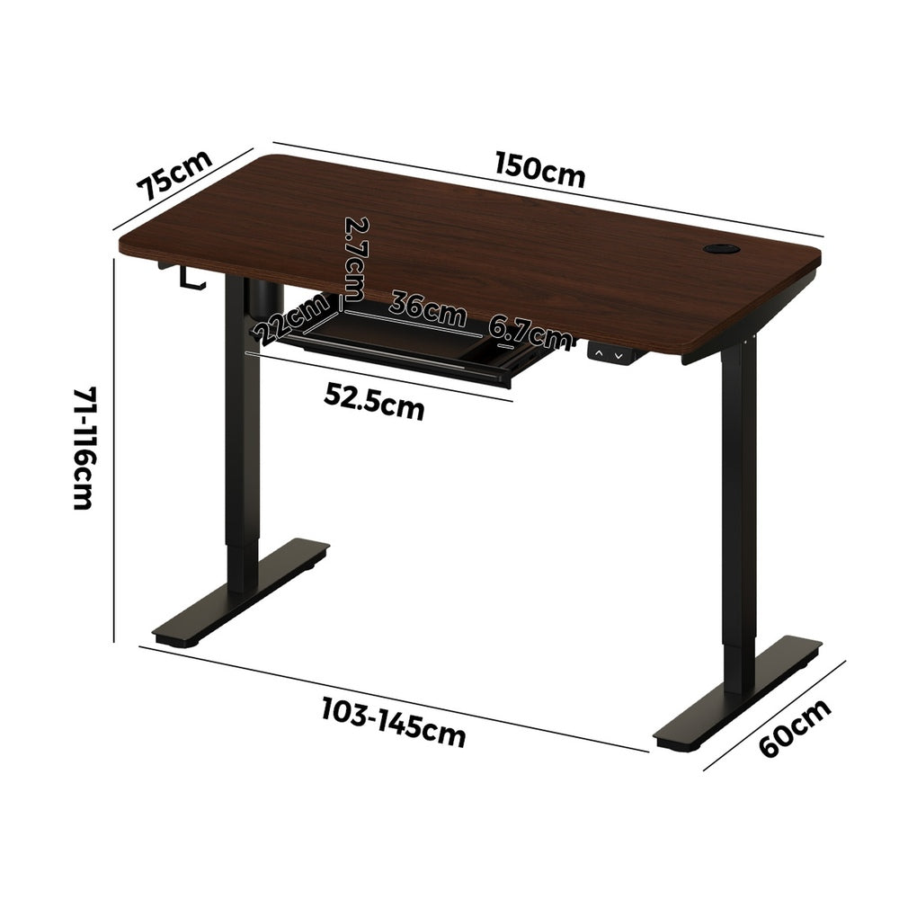 Oikiture 150cm Electric Standing Desk with Drawer Adjustable Black & Walnut