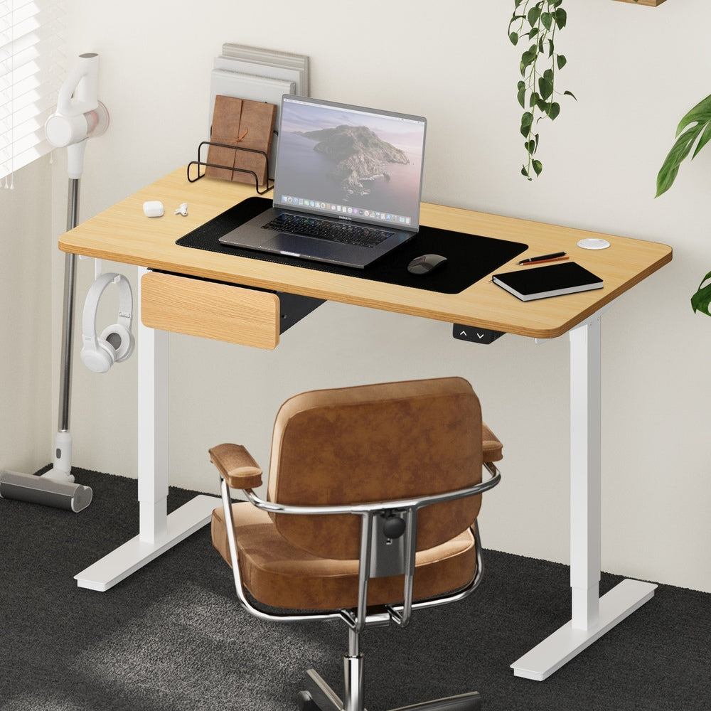 Oikiture 150cm Electric Standing Desk w/ Drawer Adjustable White Oak