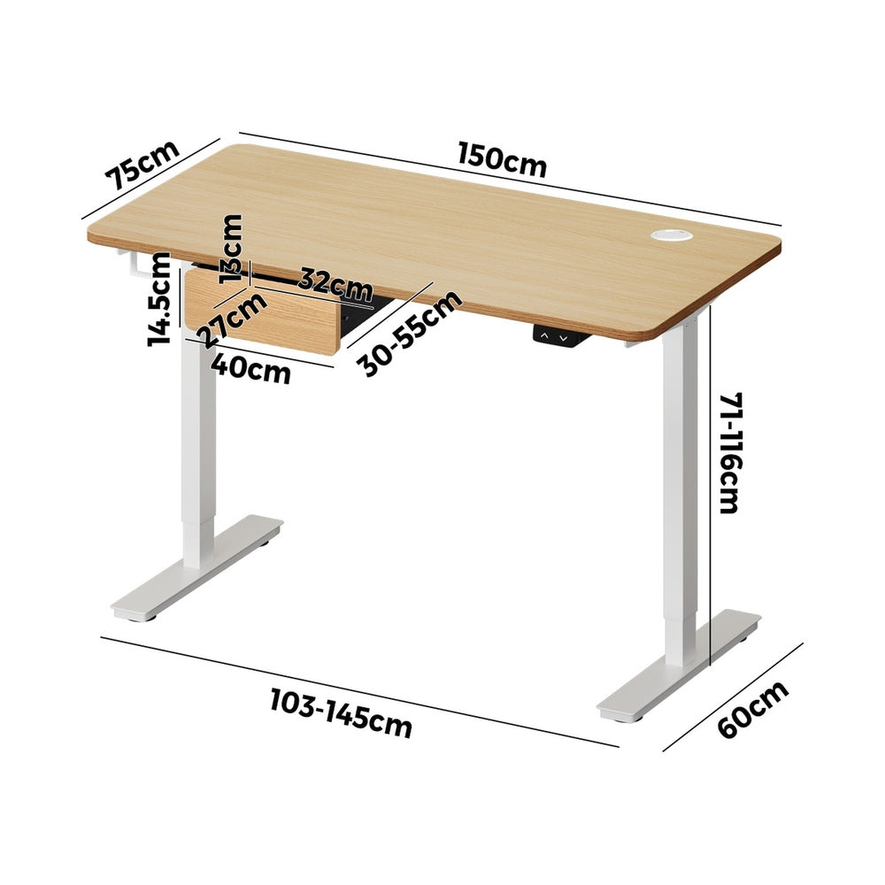 Oikiture 150cm Electric Standing Desk w/ Drawer Adjustable White Oak