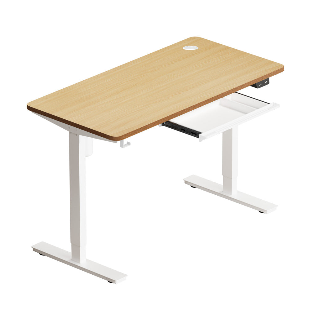 Oikiture 140cm Electric Standing Desk with Drawer Adjustable White & Oak
