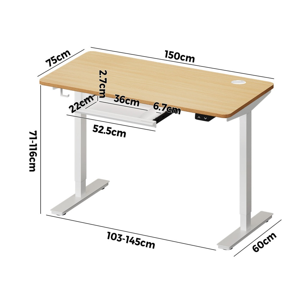 Oikiture 150cm Electric Standing Desk with Drawer Adjustable White & Oak