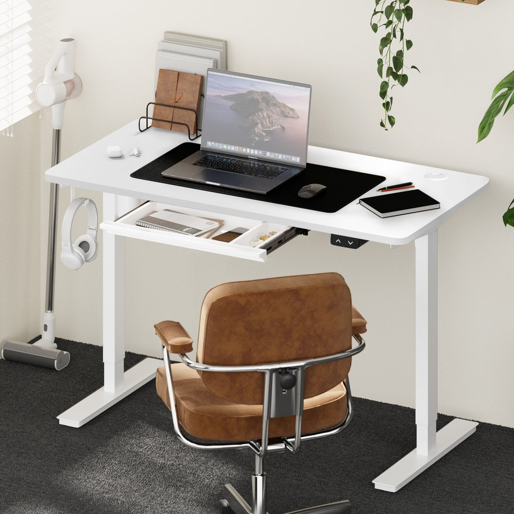 Oikiture 150cm Electric Standing Desk with Drawer Adjustable White