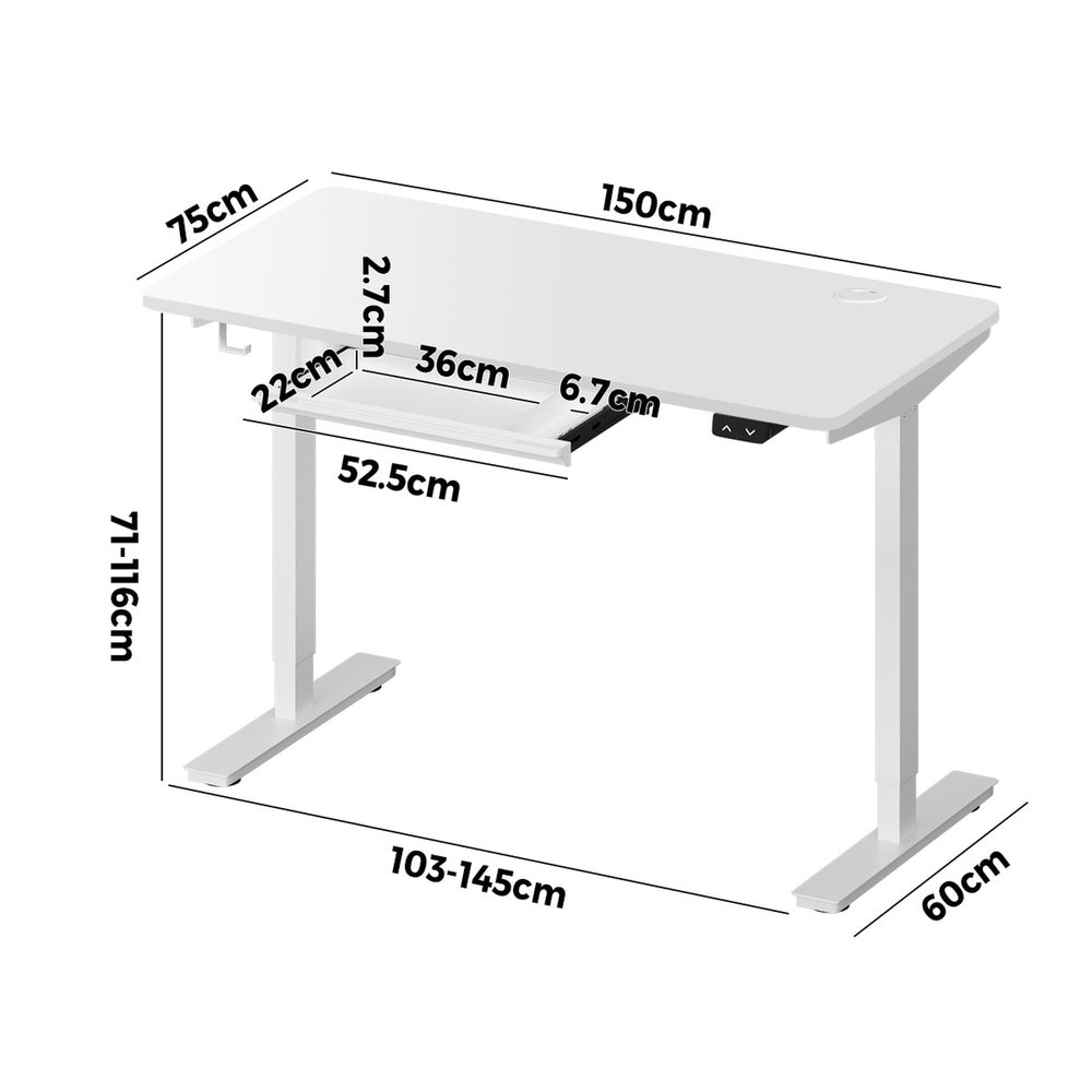 Oikiture 150cm Electric Standing Desk with Drawer Adjustable White