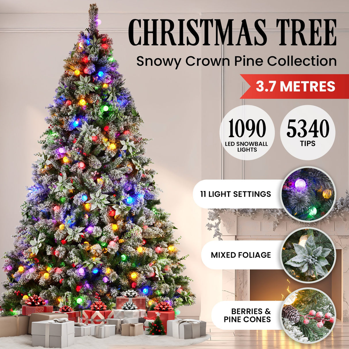 Christabelle Snowy Crown Pine 3.7m Multicolour Pre-Lit Christmas Tree with 5340 Tips