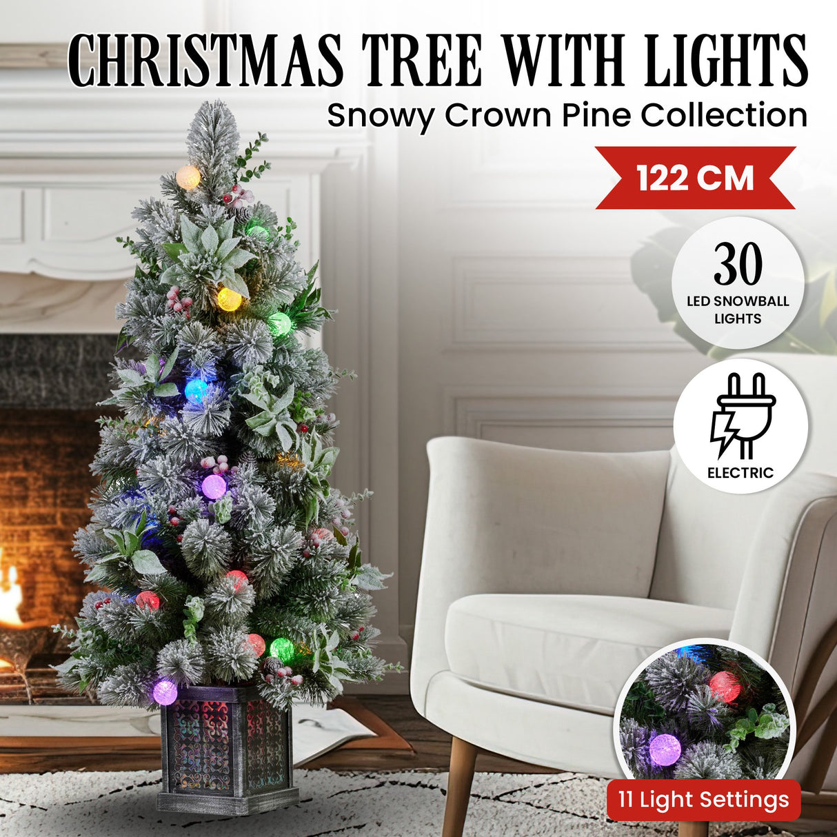 Christabelle Snowy Crown Pine Potted Christmas Tree 1.2m Multicolour Pre-Lit with Snowball Ligh