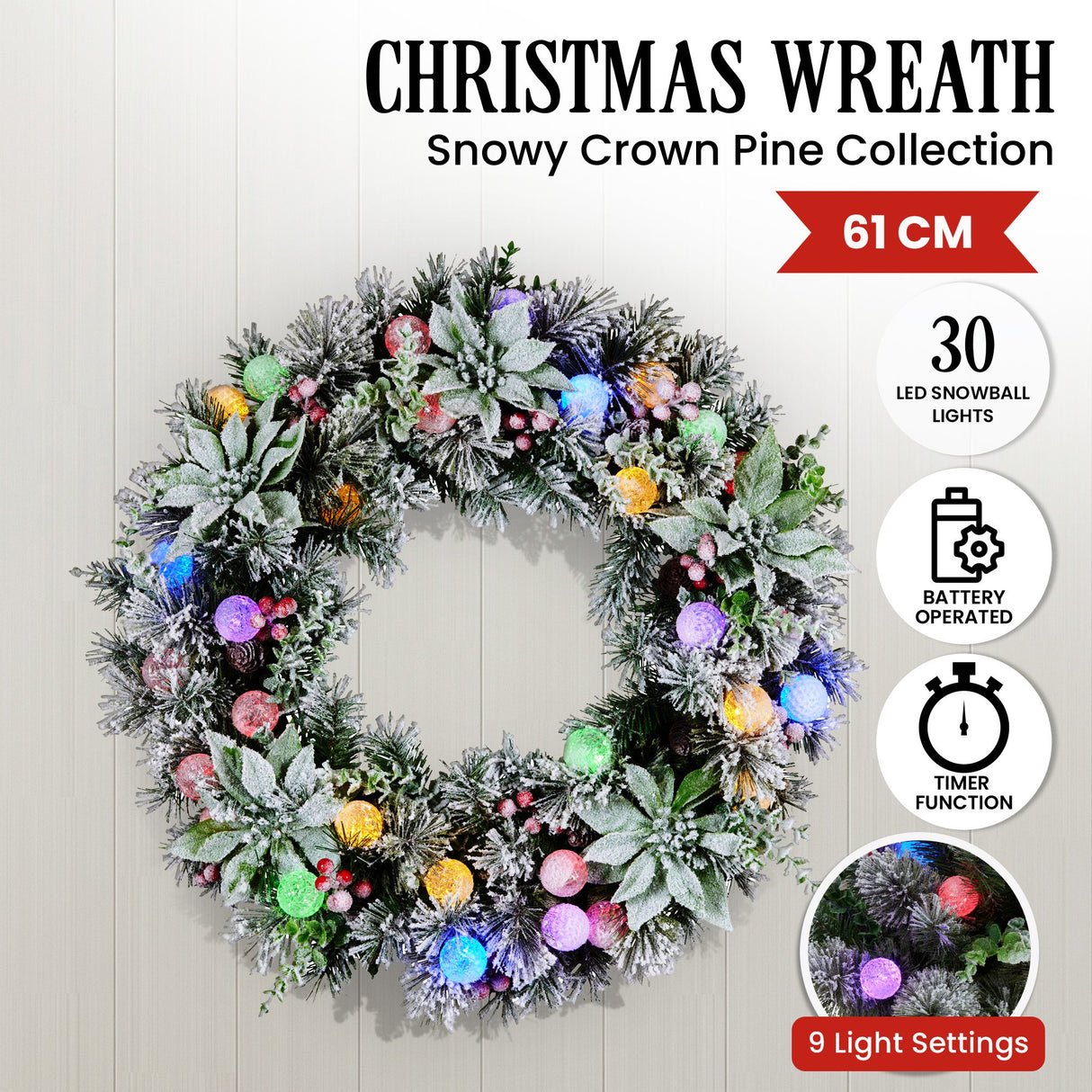 Christabelle 61cm Snowy Crown Pine Pre-Lit Multicolour Christmas Wreath