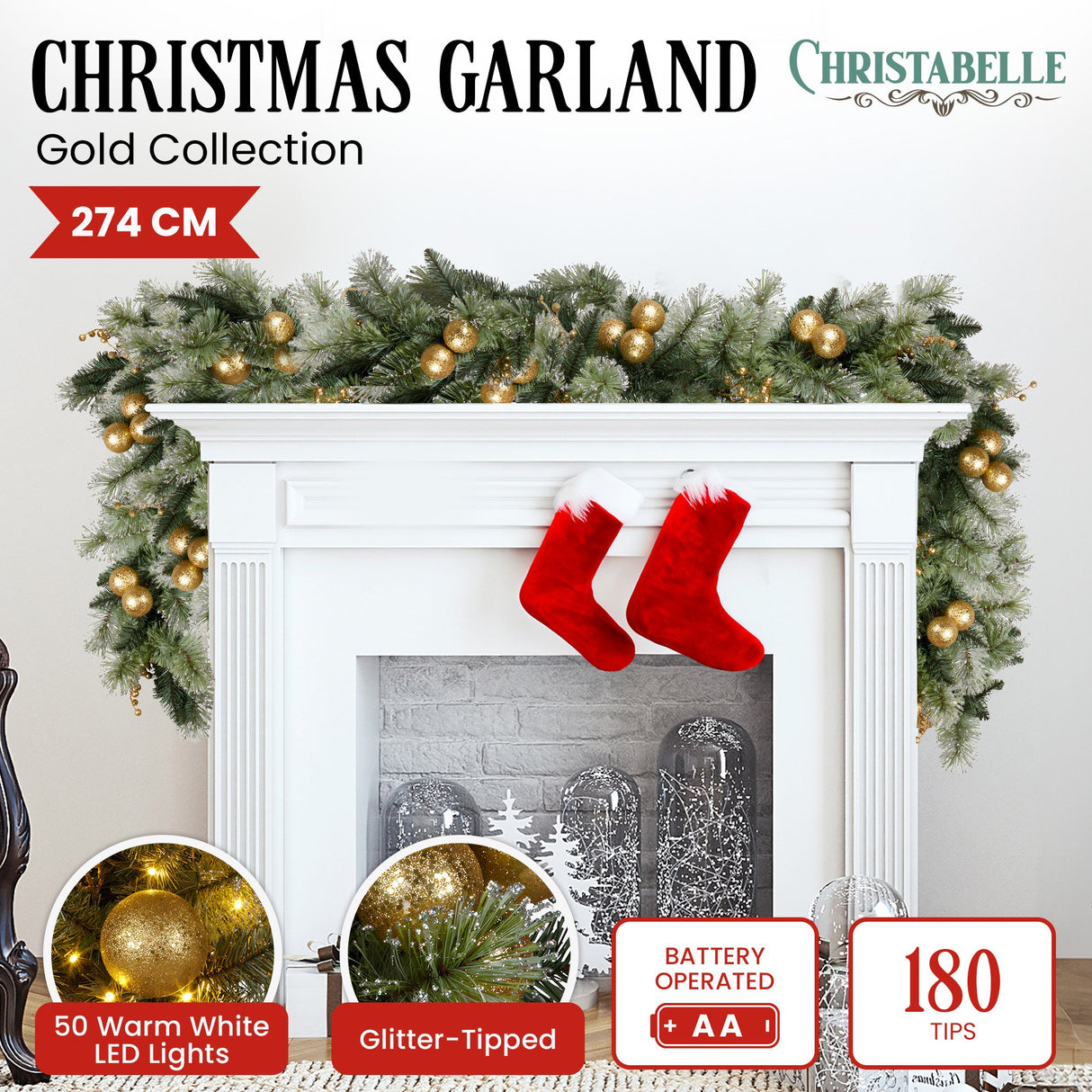 Christabelle 274cm Pre-Lit Christmas Garland Gold Baubles Battery-Operated Warm White LED Light