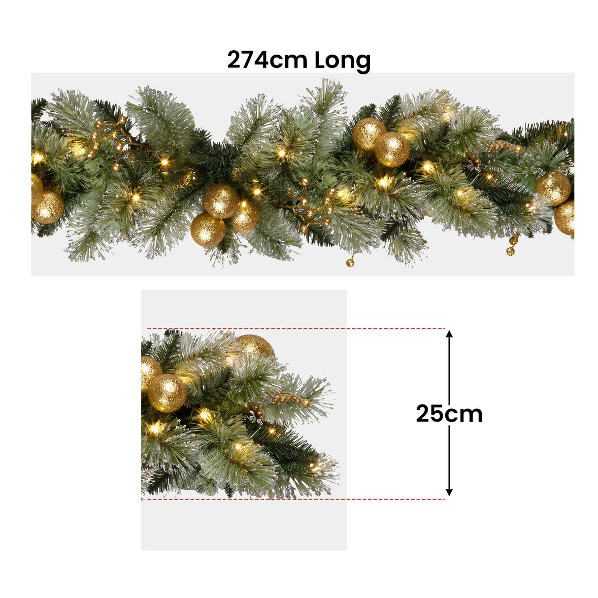 Christabelle 274cm Pre-Lit Christmas Garland Gold Baubles Battery-Operated Warm White LED Light