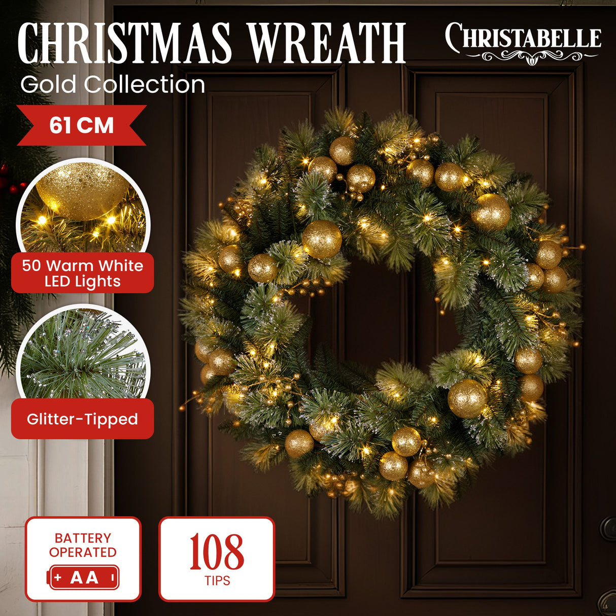 Christabelle 61cm Battery-Operated Christmas Wreath Glittery Gold Pine