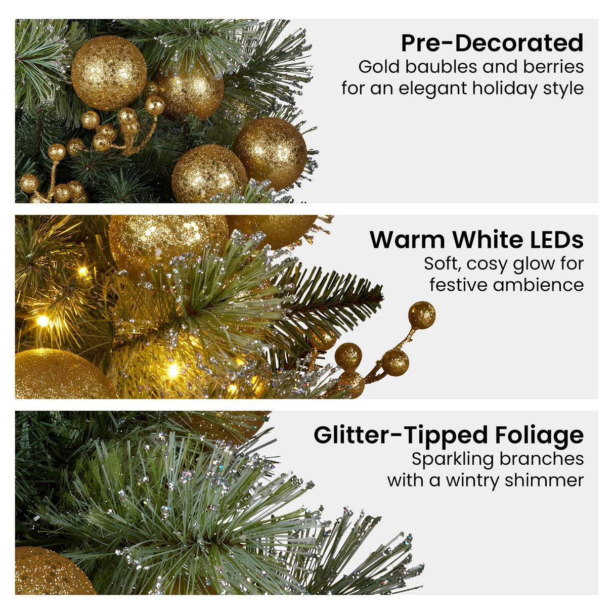 Christabelle 61cm Christmas Wreath Battery-Operated Warm White Lights Gold Baubles Xmas Decor