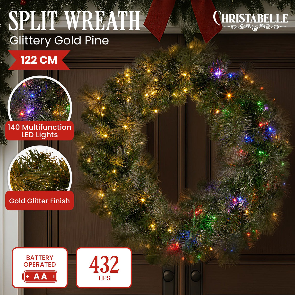 Christabelle 122cm Battery-Operated Split Christmas Wreath Glittery Gold Pine