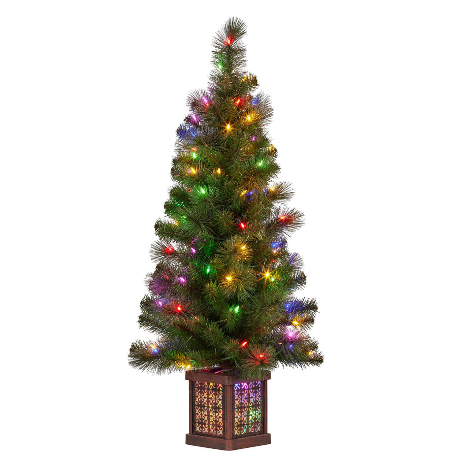Christabelle 4ft Christmas Tree Glittery Gold Pine Foliage LED Multi Lights Xmas Decor