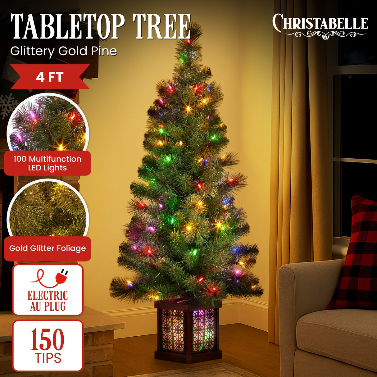 Christabelle 4ft Christmas Tree Glittery Gold Pine Foliage LED Multi Lights Xmas Decor