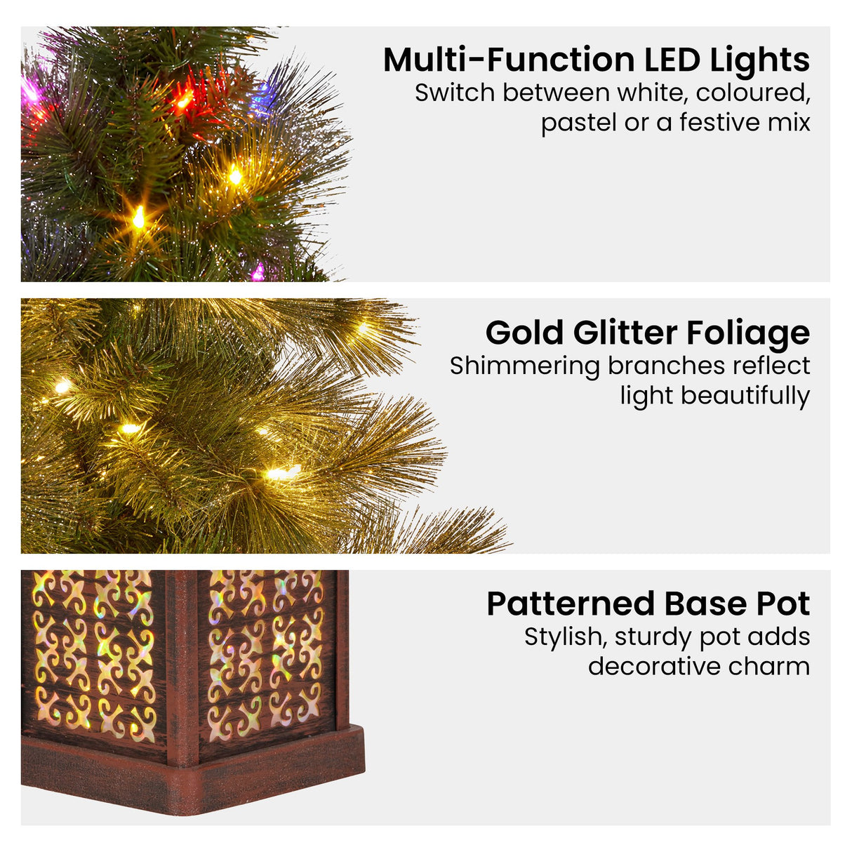 Christabelle 4ft Christmas Tree Glittery Gold Pine Foliage LED Multi Lights Xmas Decor