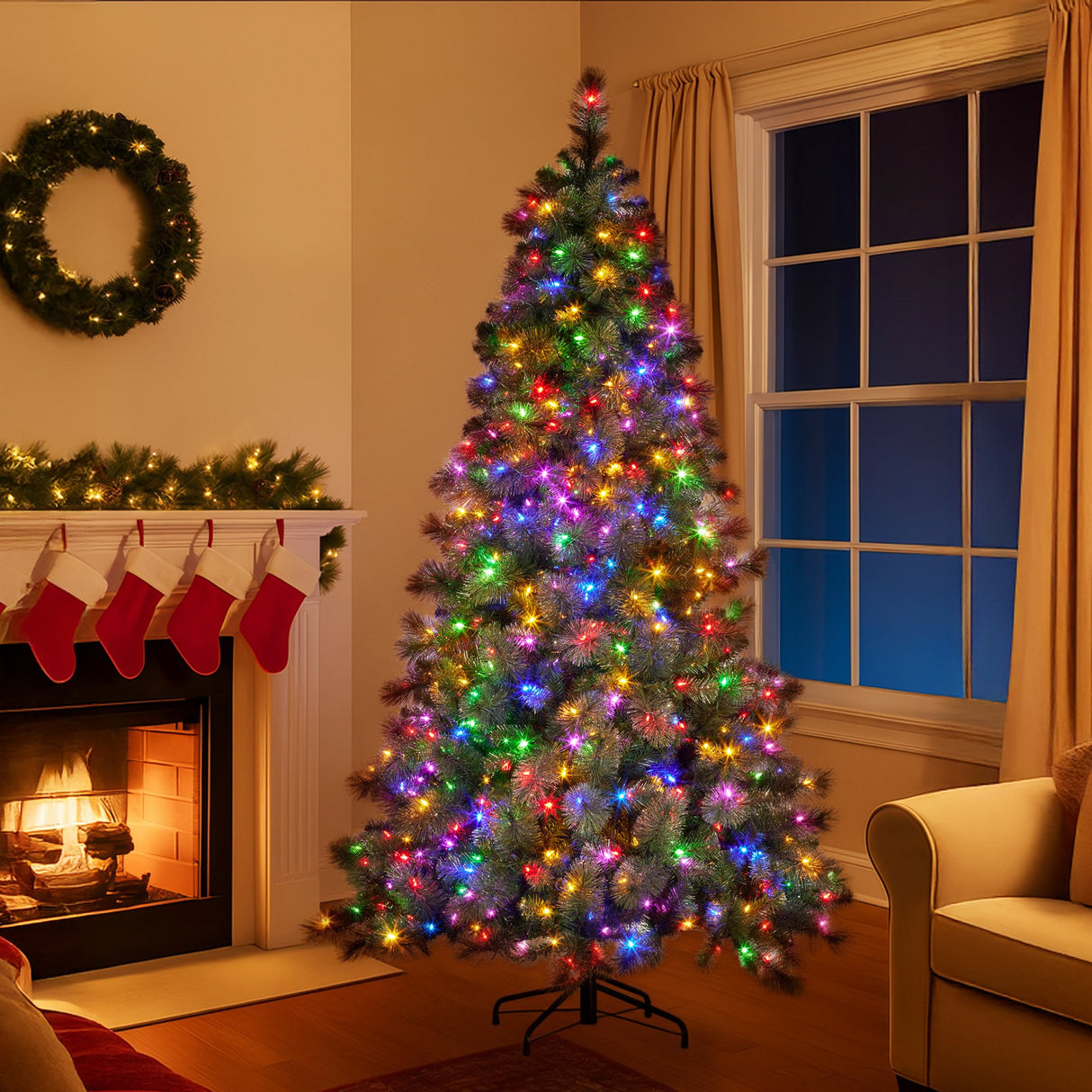 Christabelle 7.5ft Christmas Tree Glittery Gold Pine 650 LED Multi-functional Lights Xmas Decor