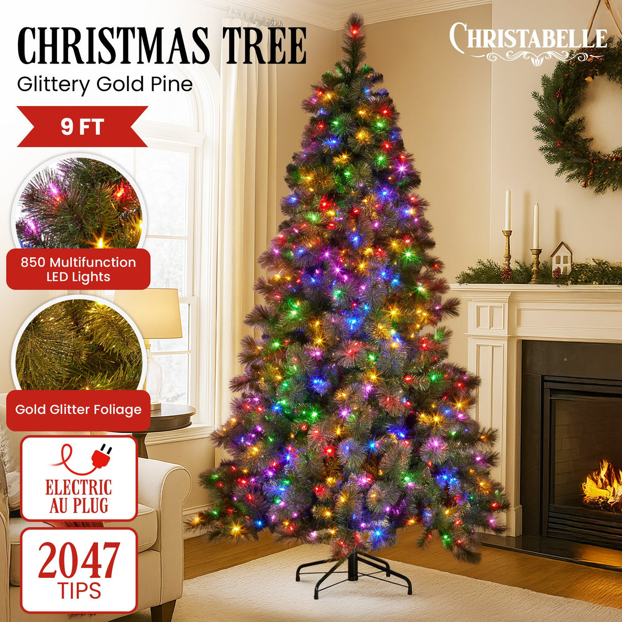 Christabelle 9ft Christmas Tree Glittery Gold Pine Needles 850 LED Multi-Functional Lights Xmas