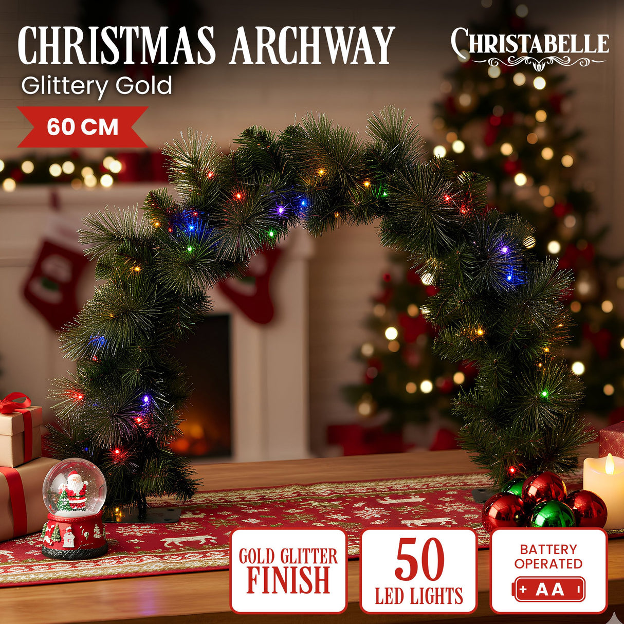 Christabelle 60cm Battery-Operated Tabletop Christmas Archway Glittery Gold