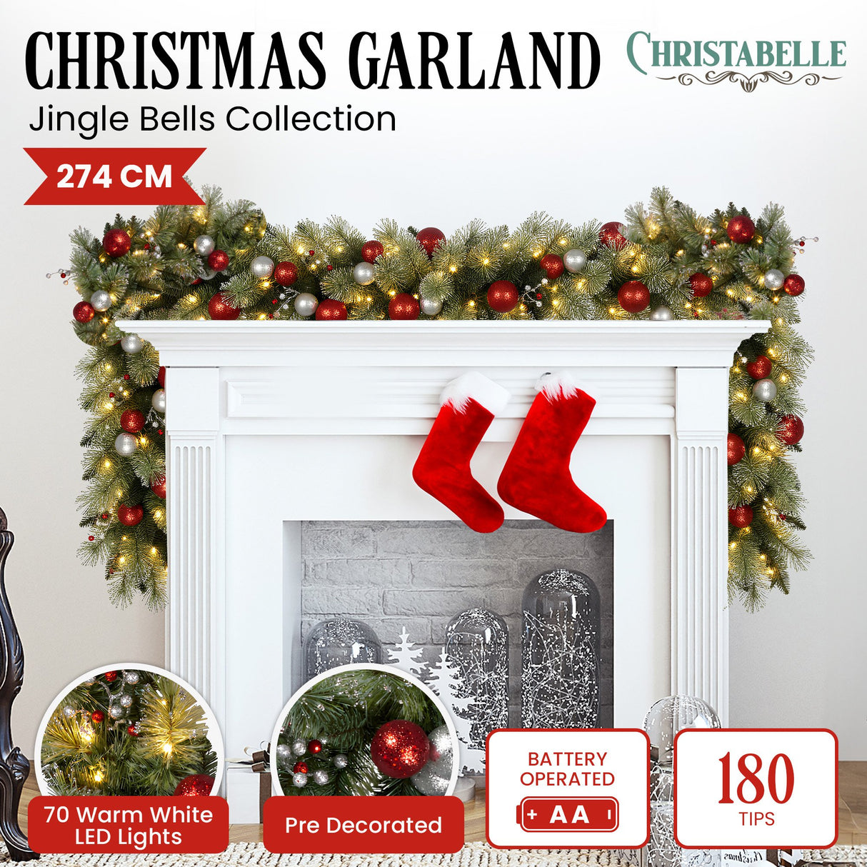 Christabelle 274cm Battery-Operated Christmas Garland Jingle Bells Collection