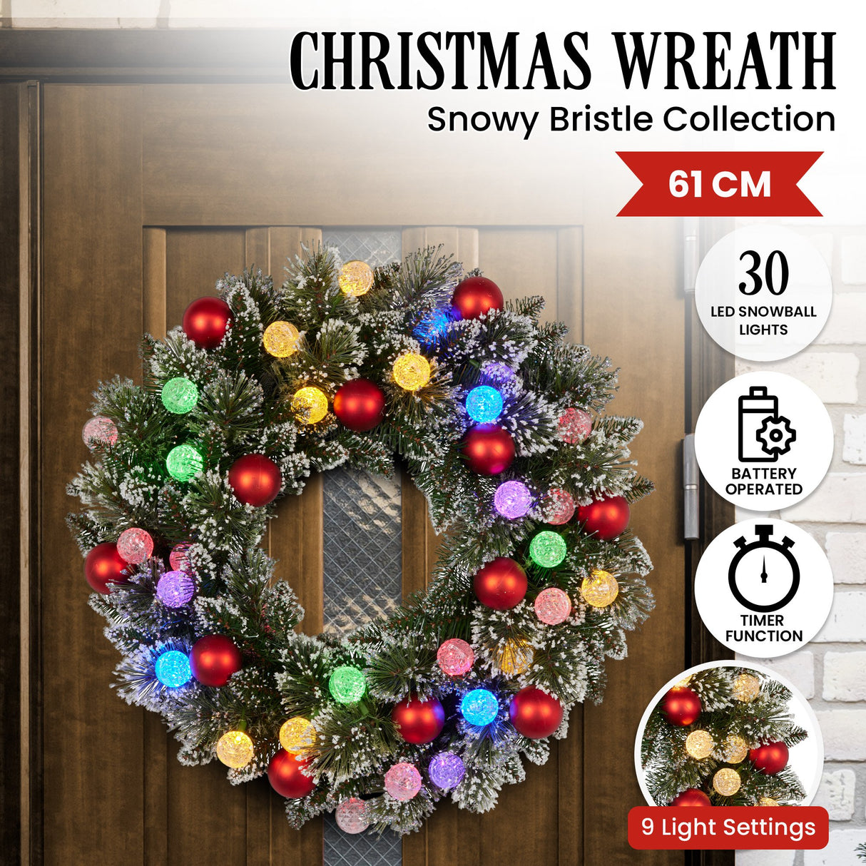 Christabelle 61cm Snowy Bristle Pre-Lit Multicolour Christmas Wreath