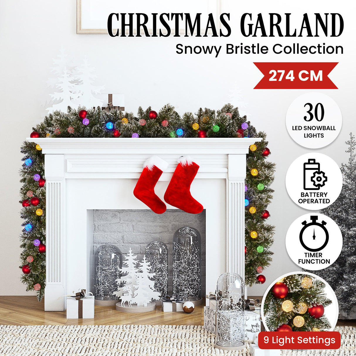 274cm Snowy Bristle Prelit Multicolour Christmas Garland