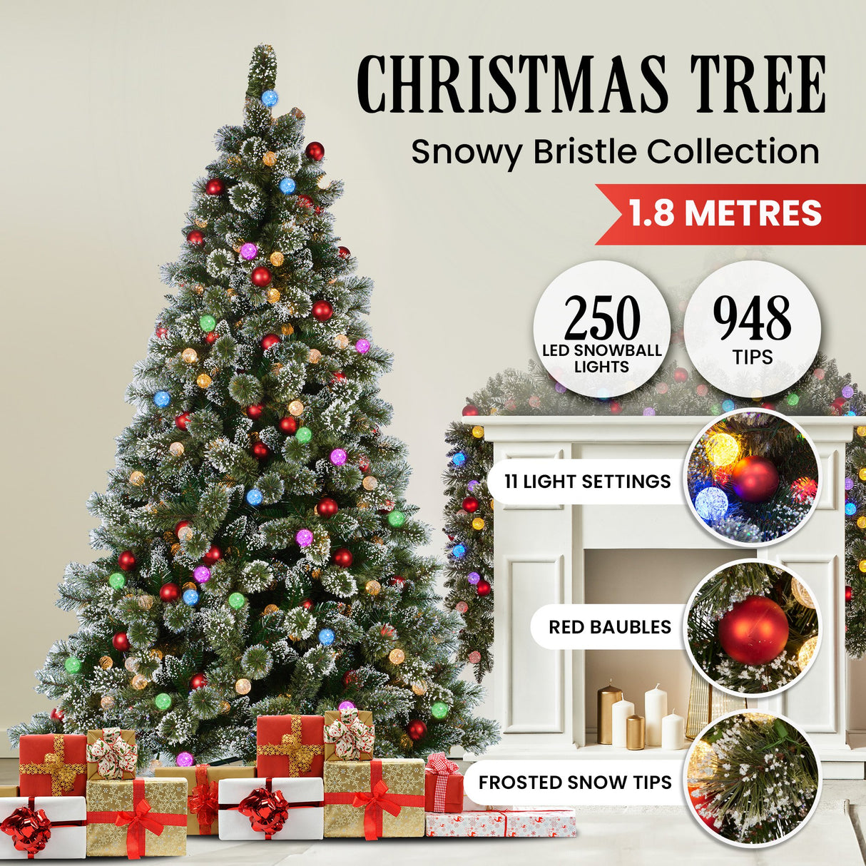 Christabelle Snowy Bristle 1.8m Multicolour Pre-Lit Christmas Tree with 948 Tips