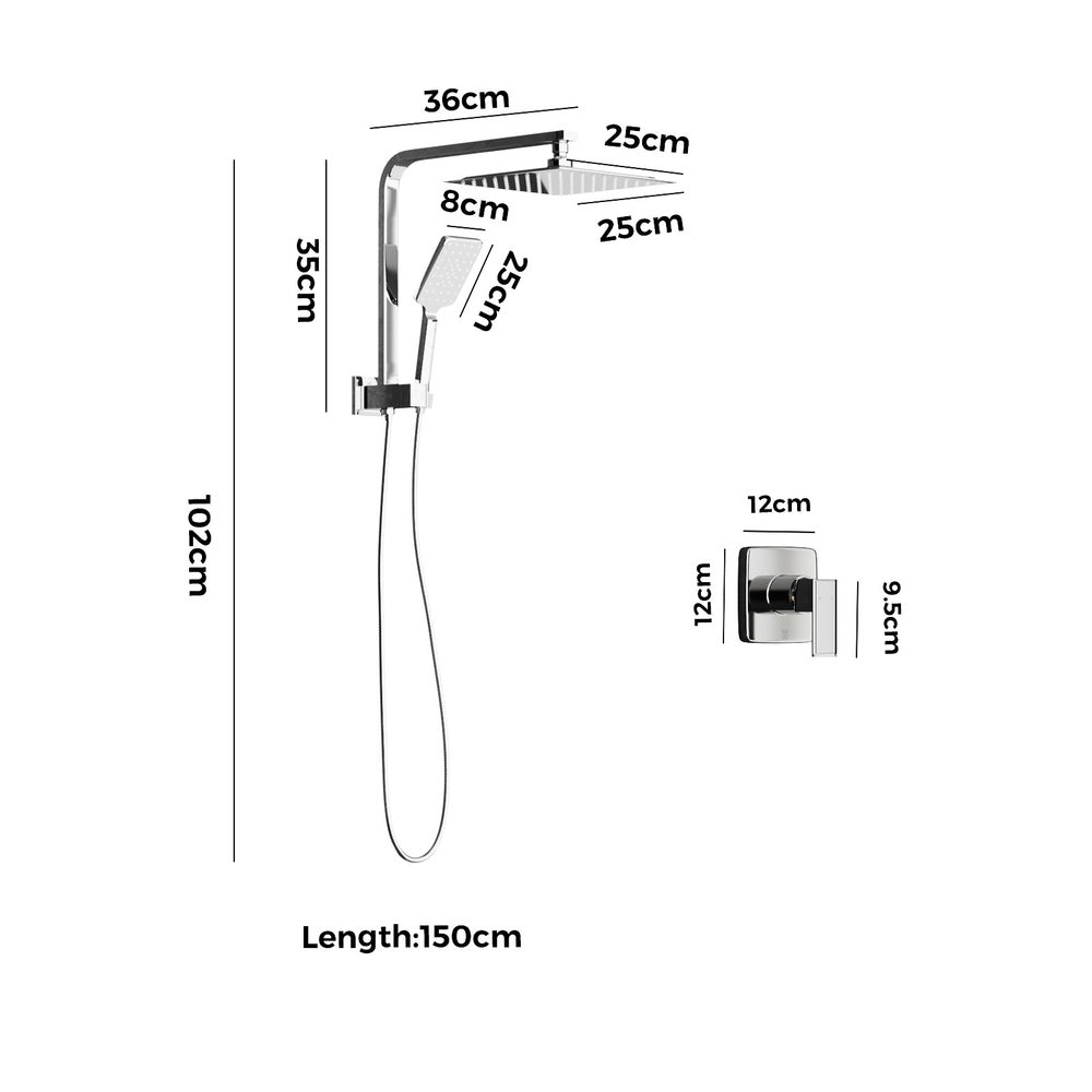 Welba 10" Rain Shower Head Set with Mixer Square 3-Mode Chrome